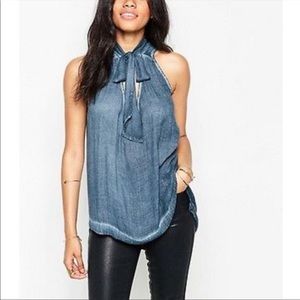 Free‎ People Large Blue Tie Neck Sleeveless Lightweight Rayon Tank